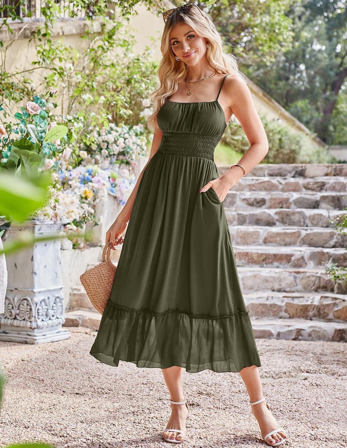imageGRACE KARIN Womens Summer Maxi Dress 2026Smocked Ruched Bust Sundress with Adjustable Straps amp PocketsBeach Vacation DressOlive Green