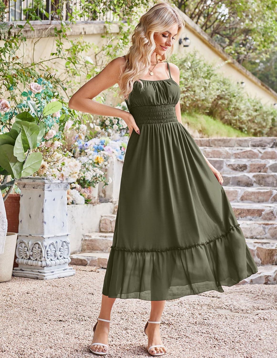 imageGRACE KARIN Womens Summer Maxi Dress 2026Smocked Ruched Bust Sundress with Adjustable Straps amp PocketsBeach Vacation DressOlive Green