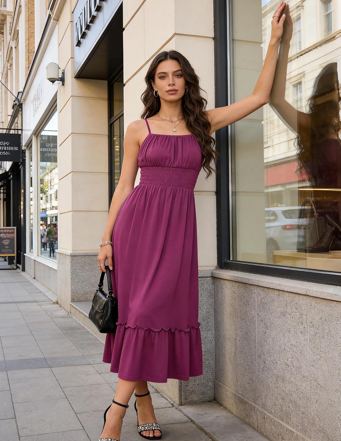 imageGRACE KARIN Womens Summer Maxi Dress 2026Smocked Ruched Bust Sundress with Adjustable Straps amp PocketsBeach Vacation DressPurple Red