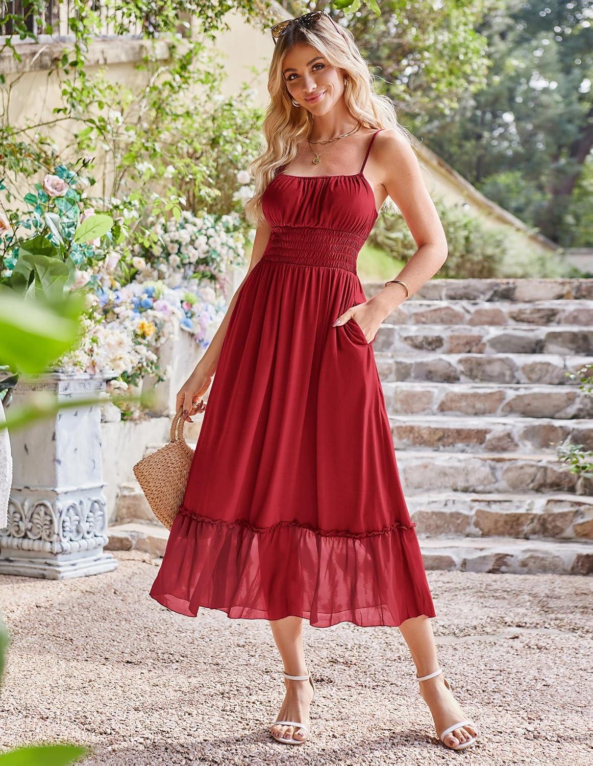 imageGRACE KARIN Womens Summer Maxi Dress 2026Smocked Ruched Bust Sundress with Adjustable Straps amp PocketsBeach Vacation DressRed