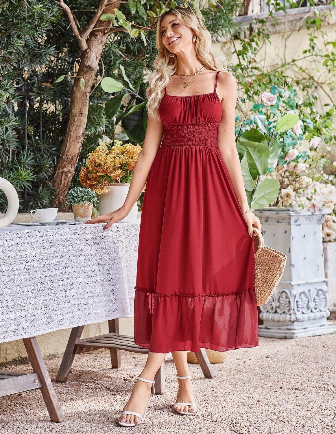 imageGRACE KARIN Womens Summer Maxi Dress 2026Smocked Ruched Bust Sundress with Adjustable Straps amp PocketsBeach Vacation DressRed