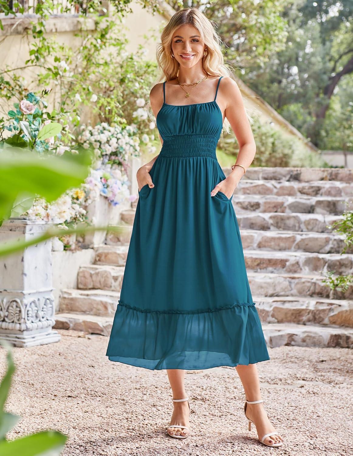 imageGRACE KARIN Womens Summer Maxi Dress 2026Smocked Ruched Bust Sundress with Adjustable Straps amp PocketsBeach Vacation DressTeal