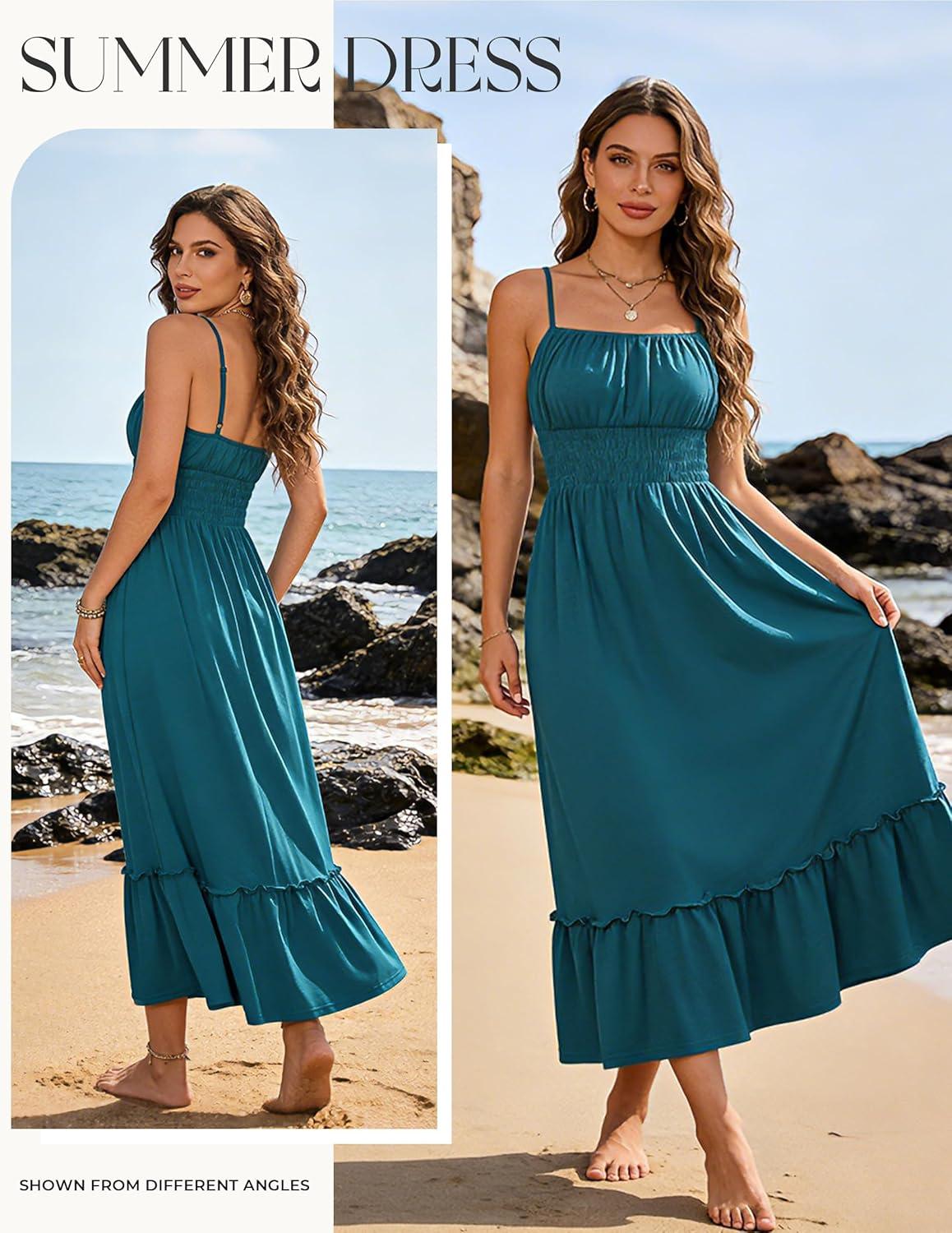 imageGRACE KARIN Womens Summer Maxi Dress 2026Smocked Ruched Bust Sundress with Adjustable Straps amp PocketsBeach Vacation DressTeal