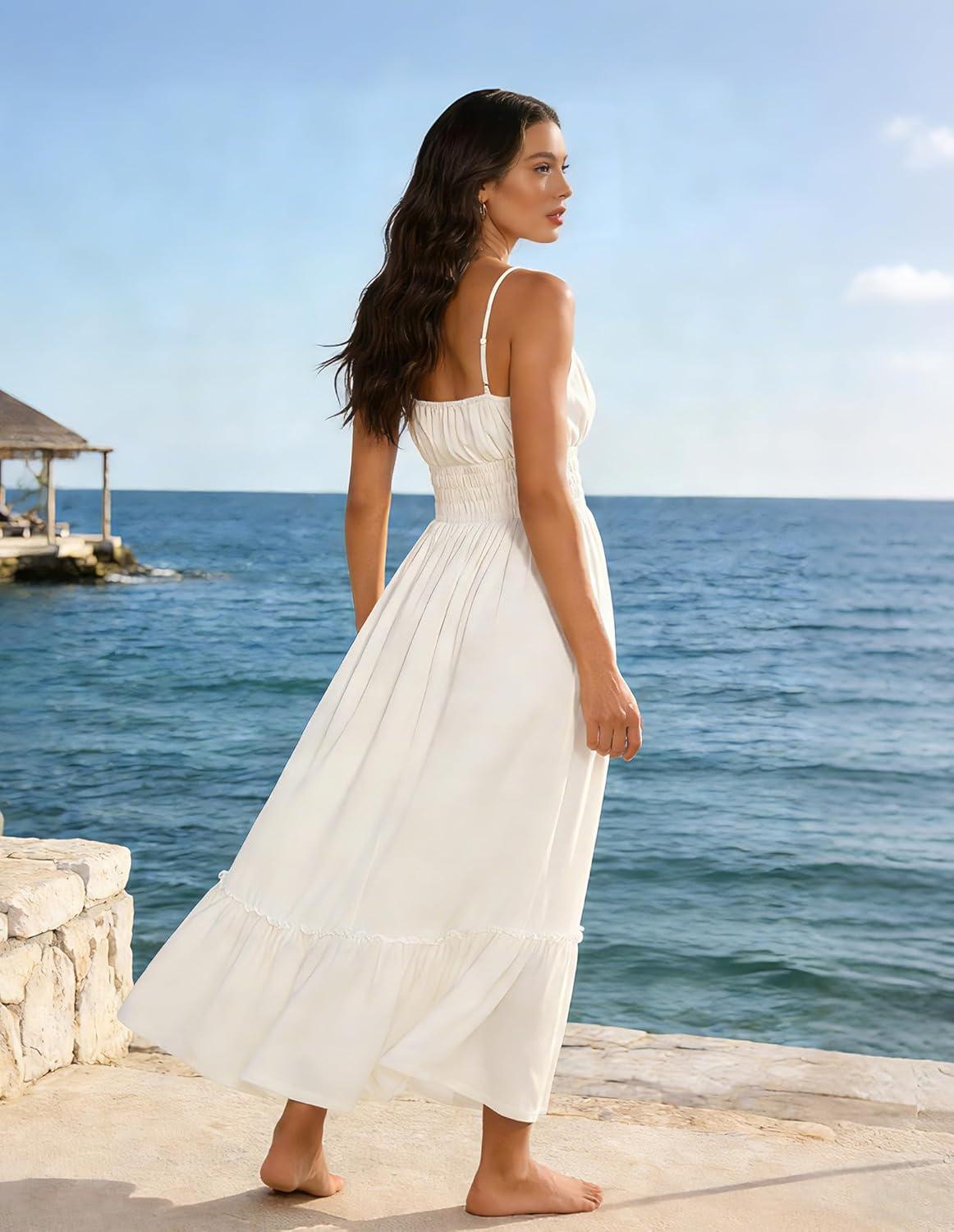 imageGRACE KARIN Womens Summer Maxi Dress 2026Smocked Ruched Bust Sundress with Adjustable Straps amp PocketsBeach Vacation DressWhite