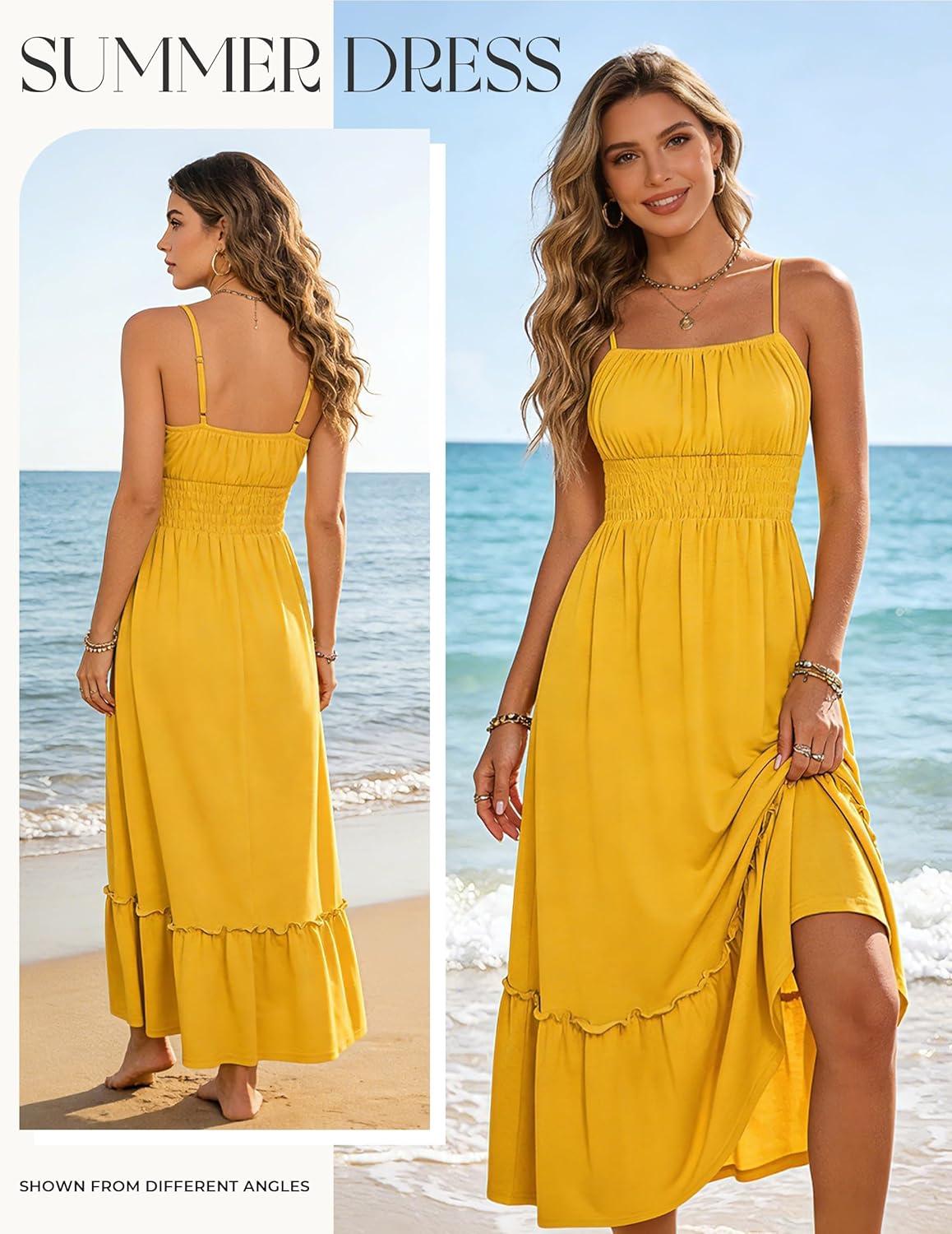 imageGRACE KARIN Womens Summer Maxi Dress 2026Smocked Ruched Bust Sundress with Adjustable Straps amp PocketsBeach Vacation DressYellow