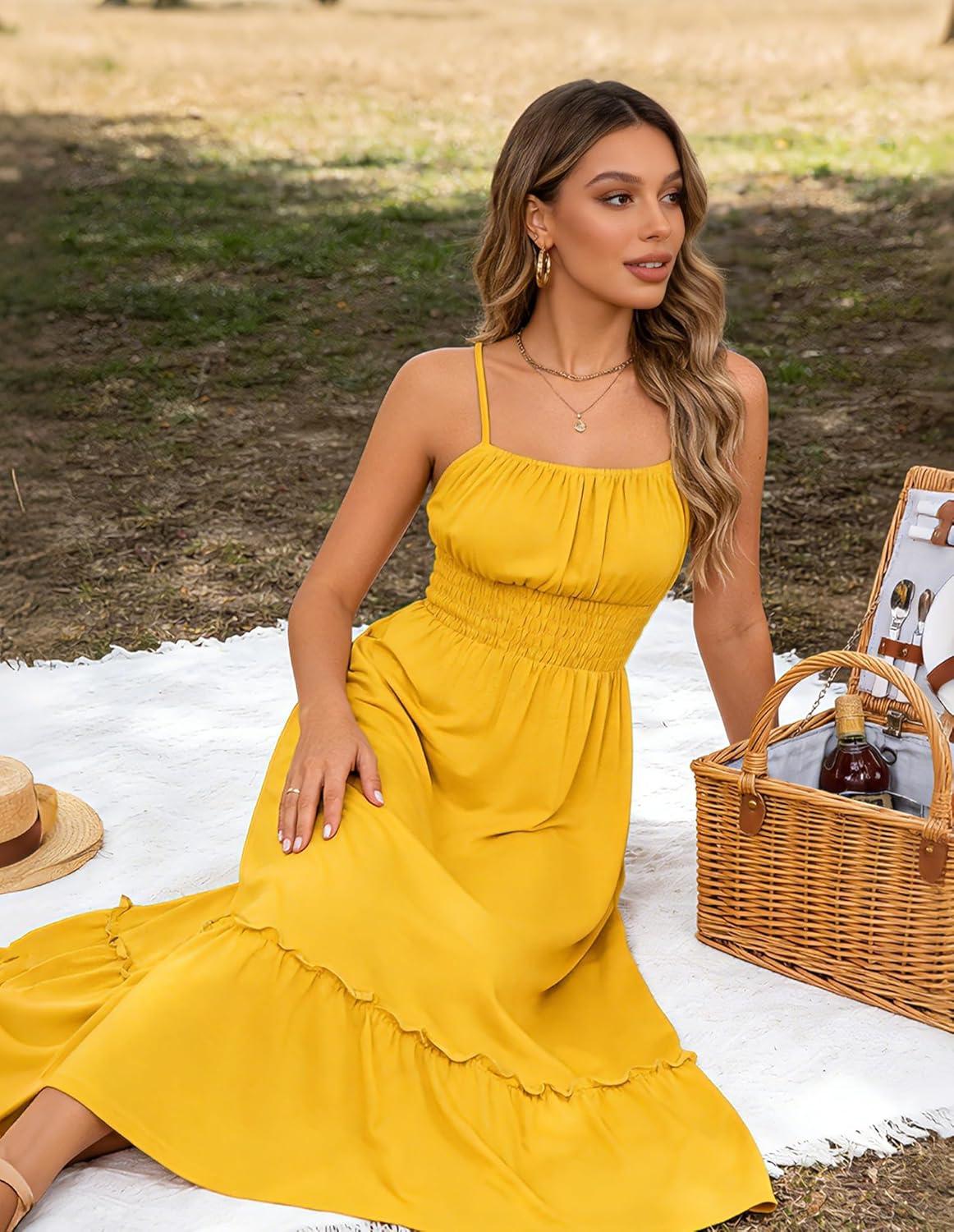 imageGRACE KARIN Womens Summer Maxi Dress 2026Smocked Ruched Bust Sundress with Adjustable Straps amp PocketsBeach Vacation DressYellow