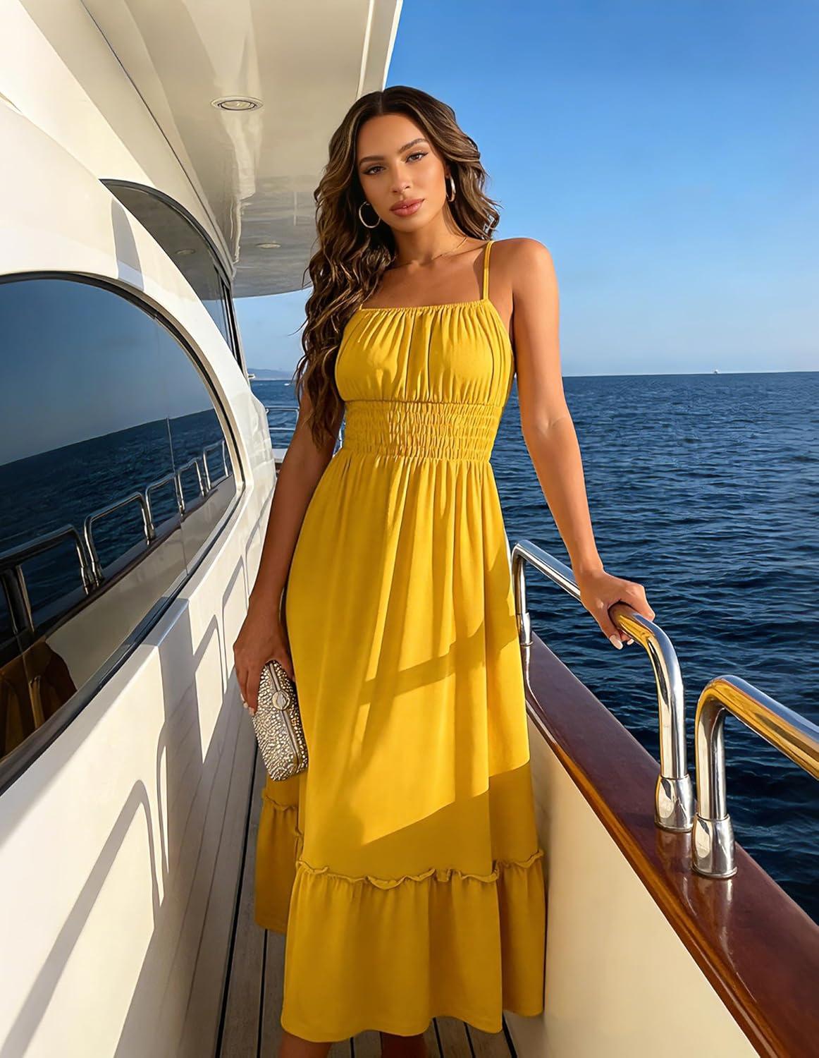 imageGRACE KARIN Womens Summer Maxi Dress 2026Smocked Ruched Bust Sundress with Adjustable Straps amp PocketsBeach Vacation DressYellow