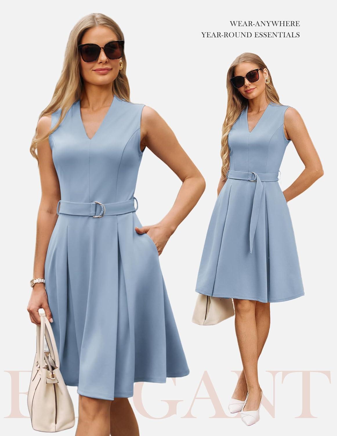imageGRACE KARIN Womens Wear to Work Dresses 2026 Business Office Fit and Flare Midi Dress Church Outfits with PocketsDusty Blue