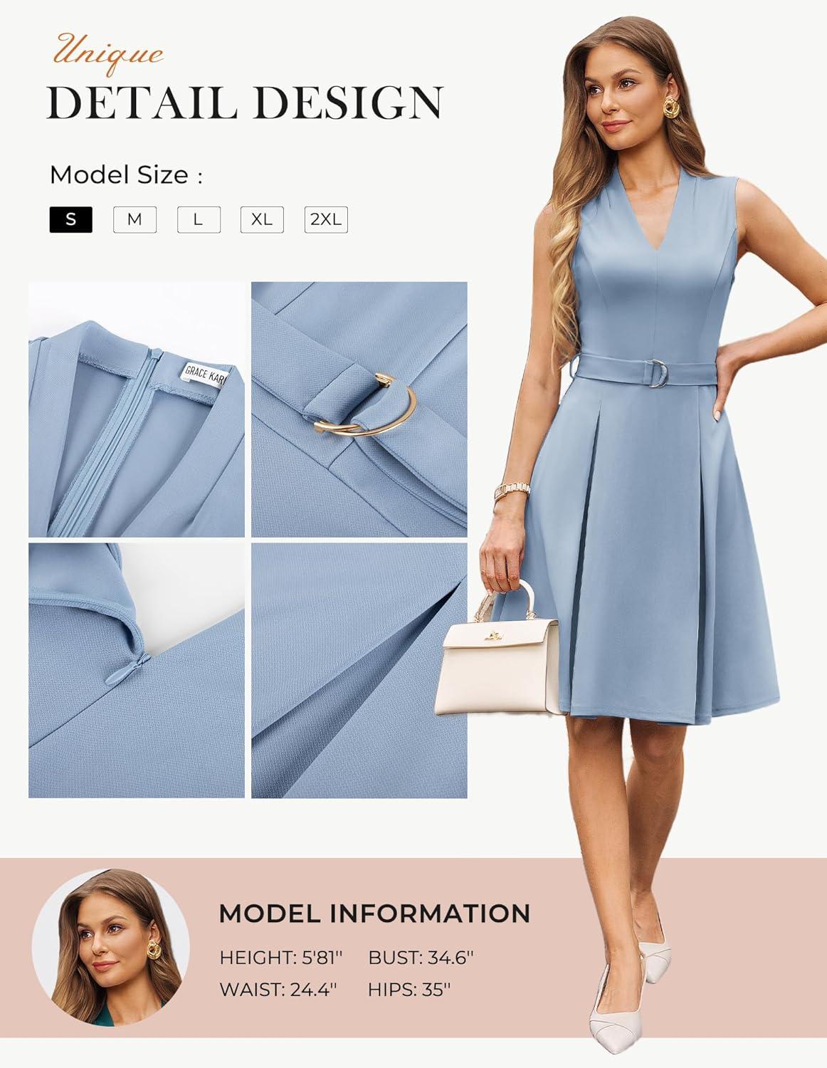 imageGRACE KARIN Womens Wear to Work Dresses 2026 Business Office Fit and Flare Midi Dress Church Outfits with PocketsDusty Blue