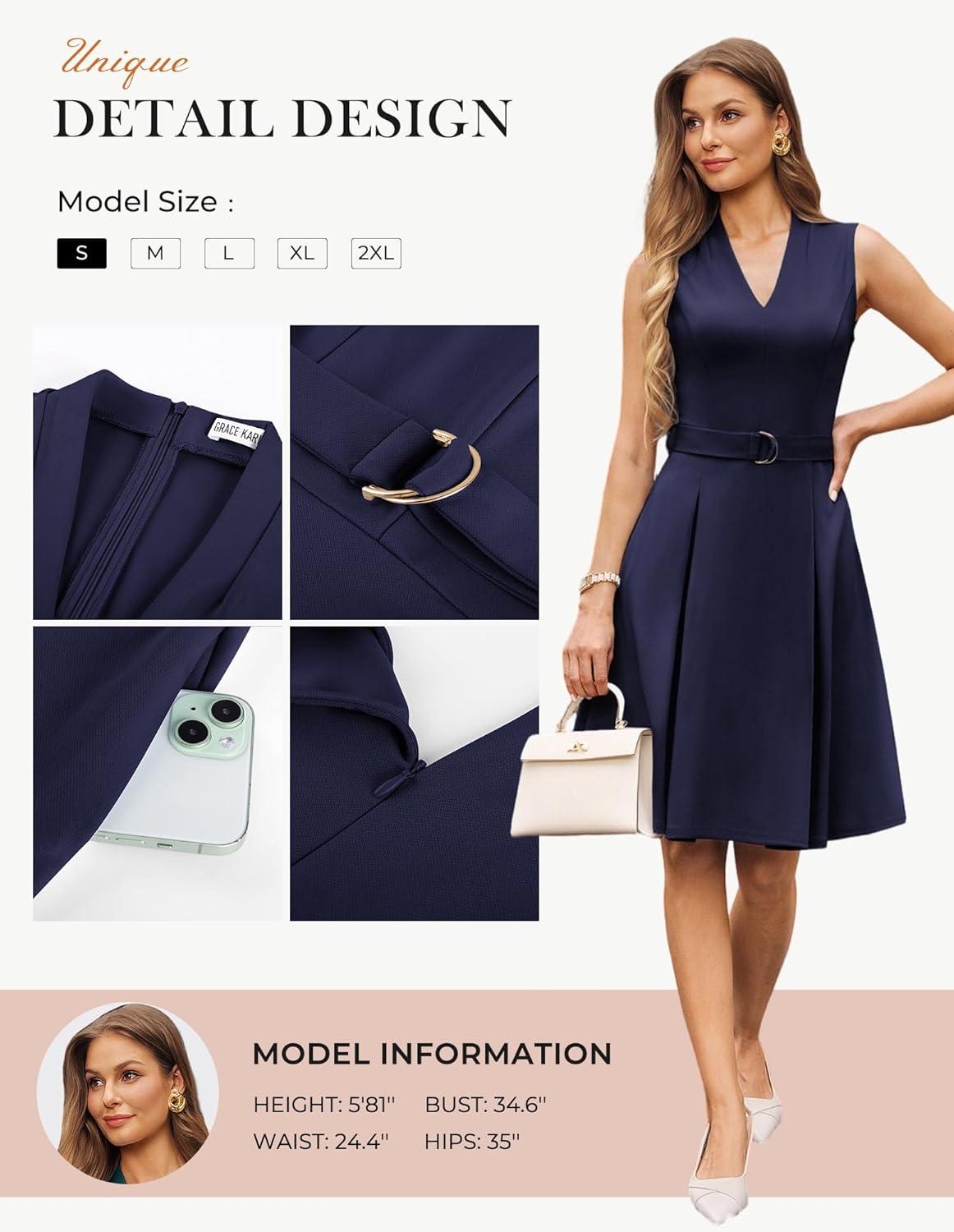 imageGRACE KARIN Womens Wear to Work Dresses 2026 Business Office Fit and Flare Midi Dress Church Outfits with PocketsNavy Blue