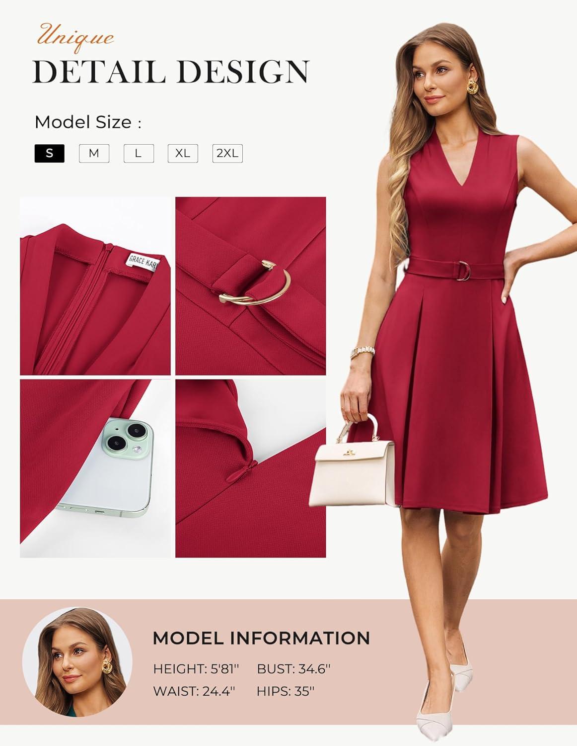 imageGRACE KARIN Womens Wear to Work Dresses 2026 Business Office Fit and Flare Midi Dress Church Outfits with PocketsRed