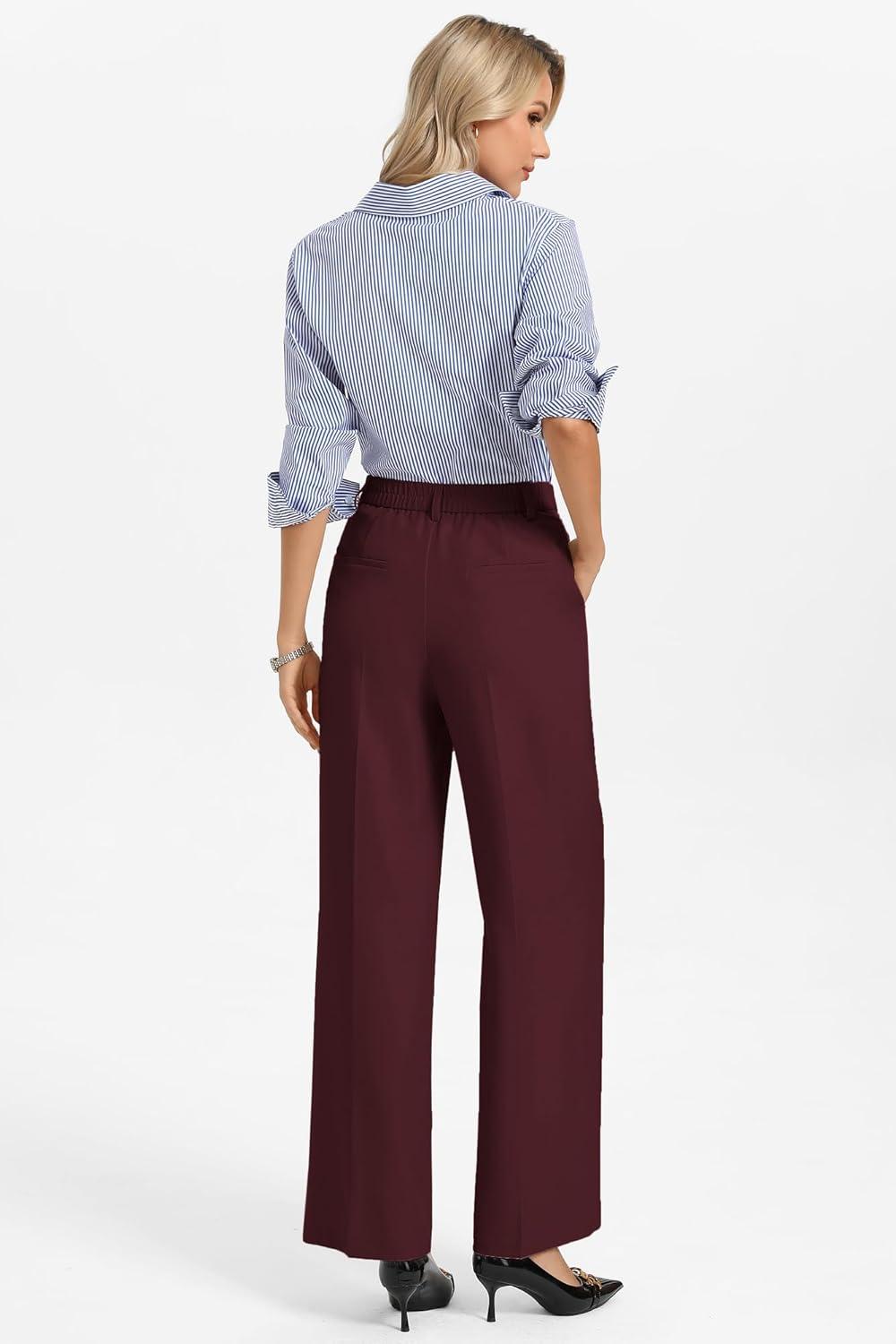 imageGRACE KARIN Womens Wide Leg Work Pants Wrinkle Free High Waisted Trousers with Pockets Business Casual Office SlacksBurgundy