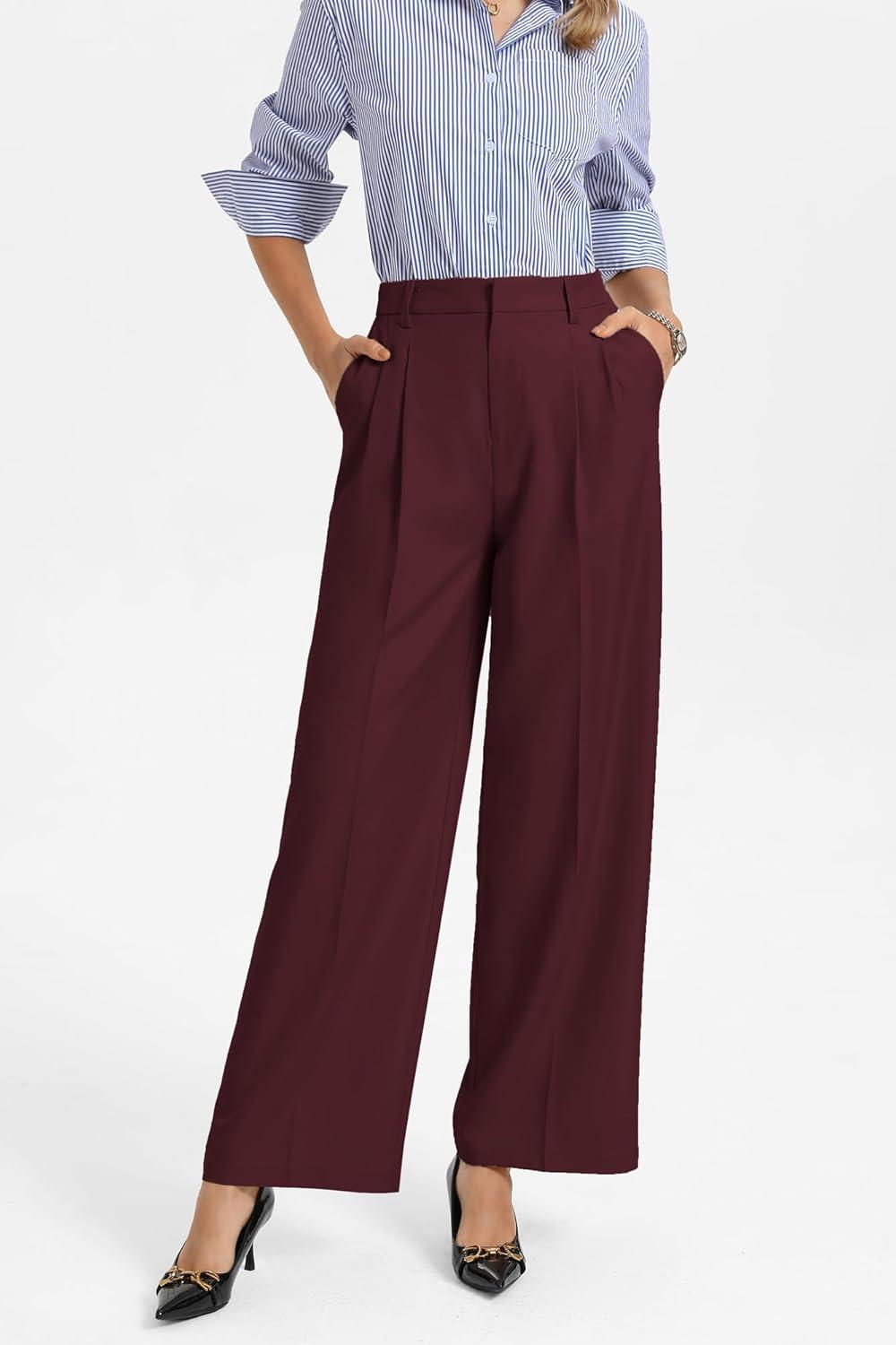 imageGRACE KARIN Womens Wide Leg Work Pants Wrinkle Free High Waisted Trousers with Pockets Business Casual Office SlacksBurgundy