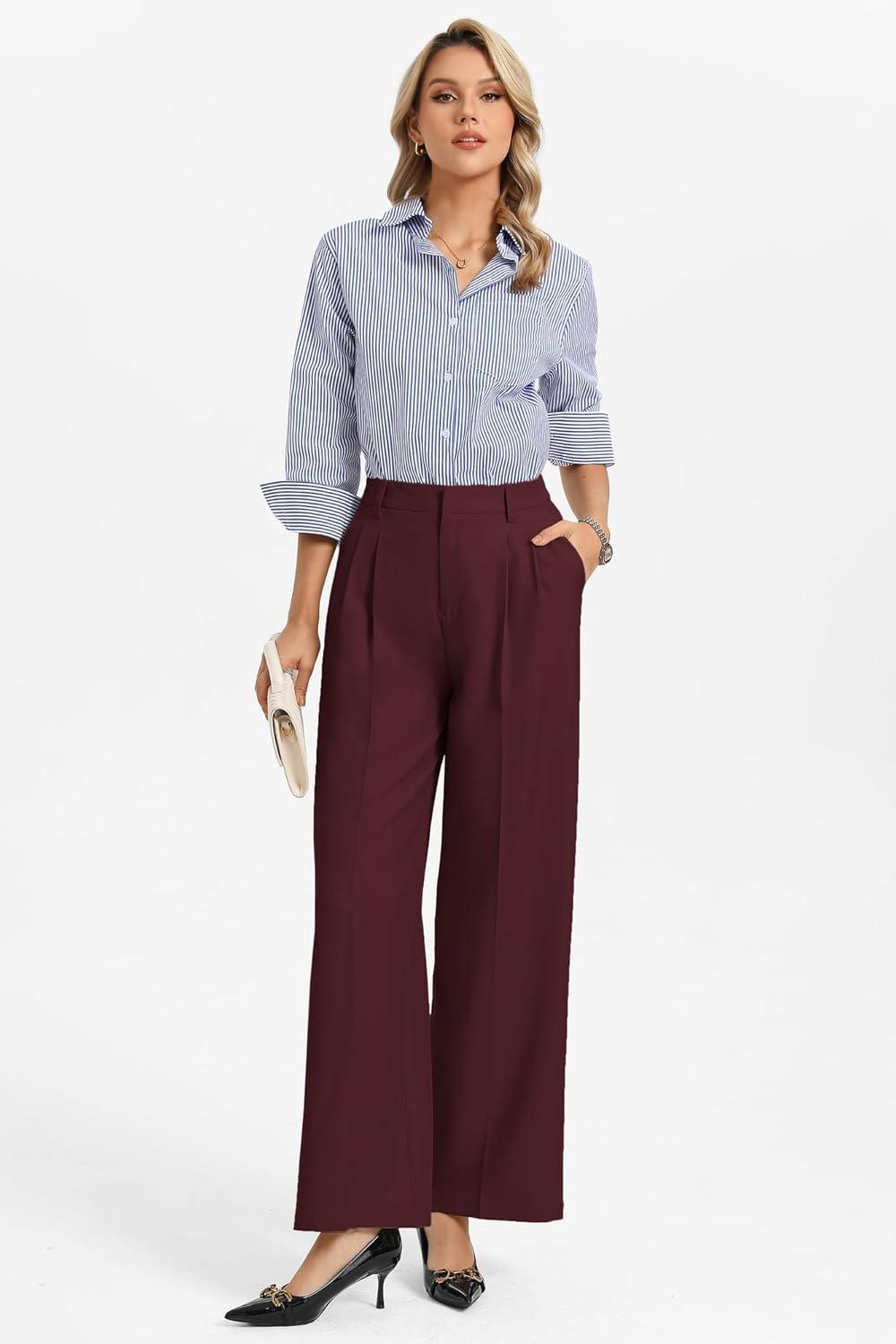 imageGRACE KARIN Womens Wide Leg Work Pants Wrinkle Free High Waisted Trousers with Pockets Business Casual Office SlacksBurgundy