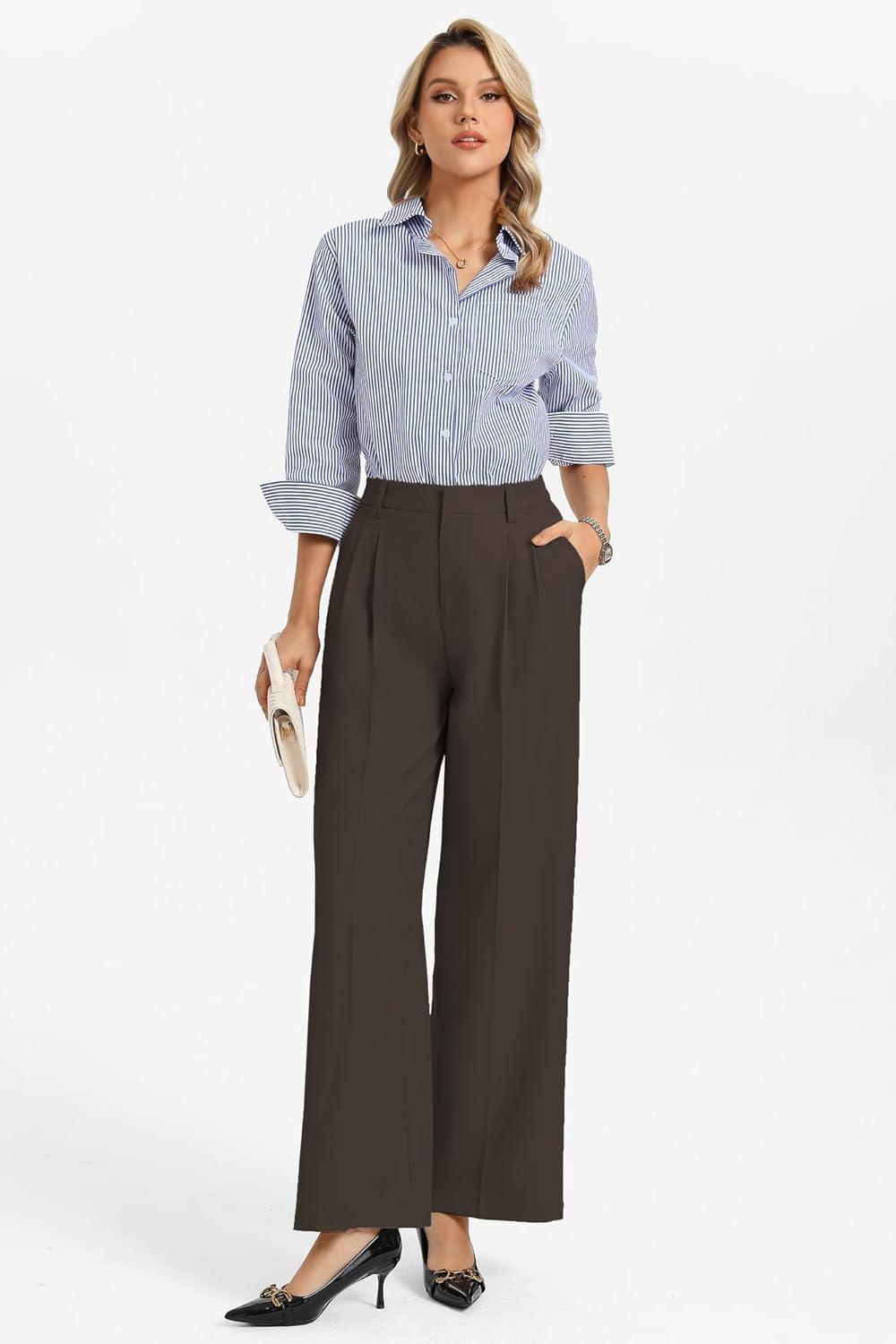 imageGRACE KARIN Womens Wide Leg Work Pants Wrinkle Free High Waisted Trousers with Pockets Business Casual Office SlacksCoffee