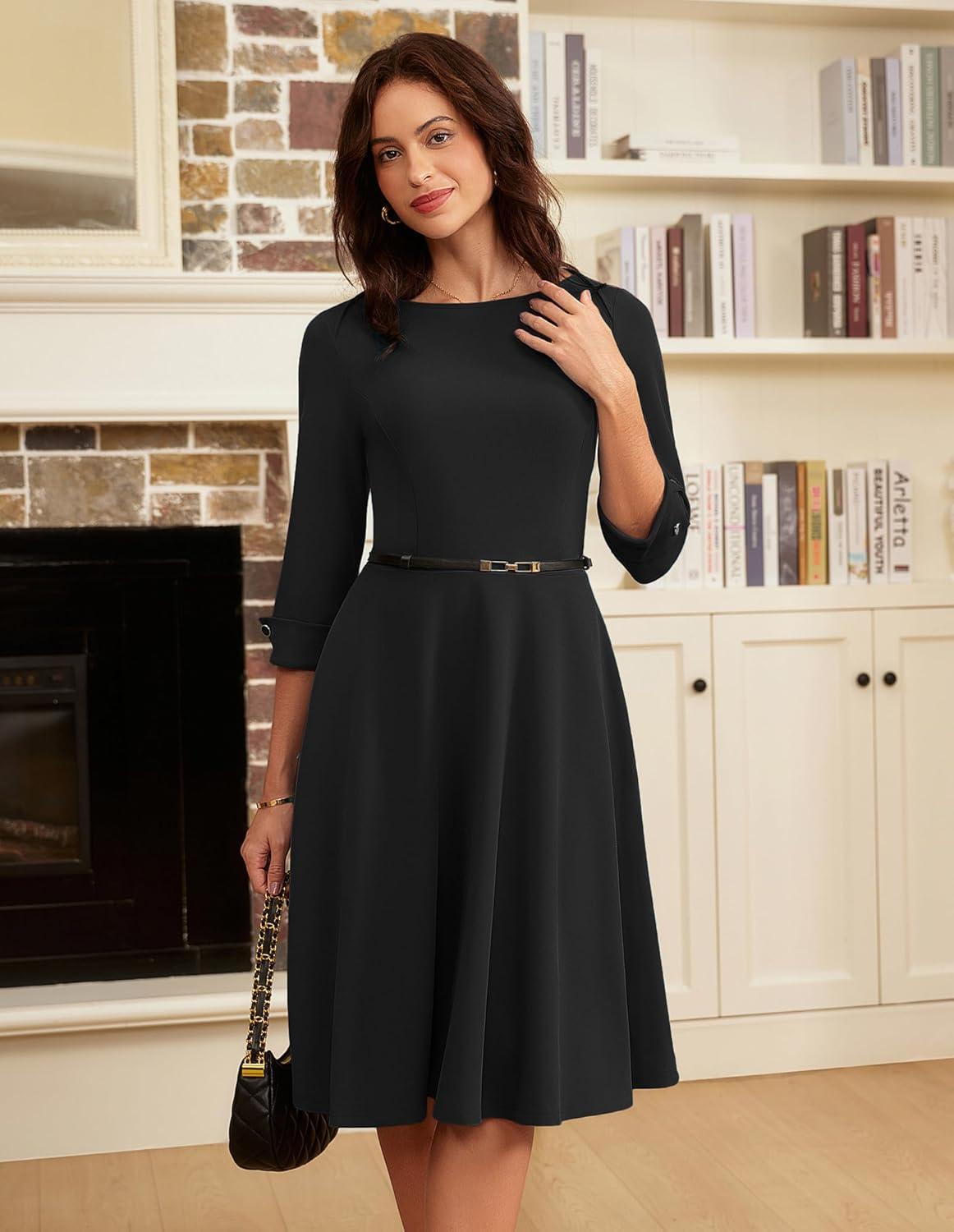 imageGRACE KARIN Work Dresses for Women 2026 34 Sleeve Fit and Flare Business Midi Dress Classy Office Dresses with PocketsBlack