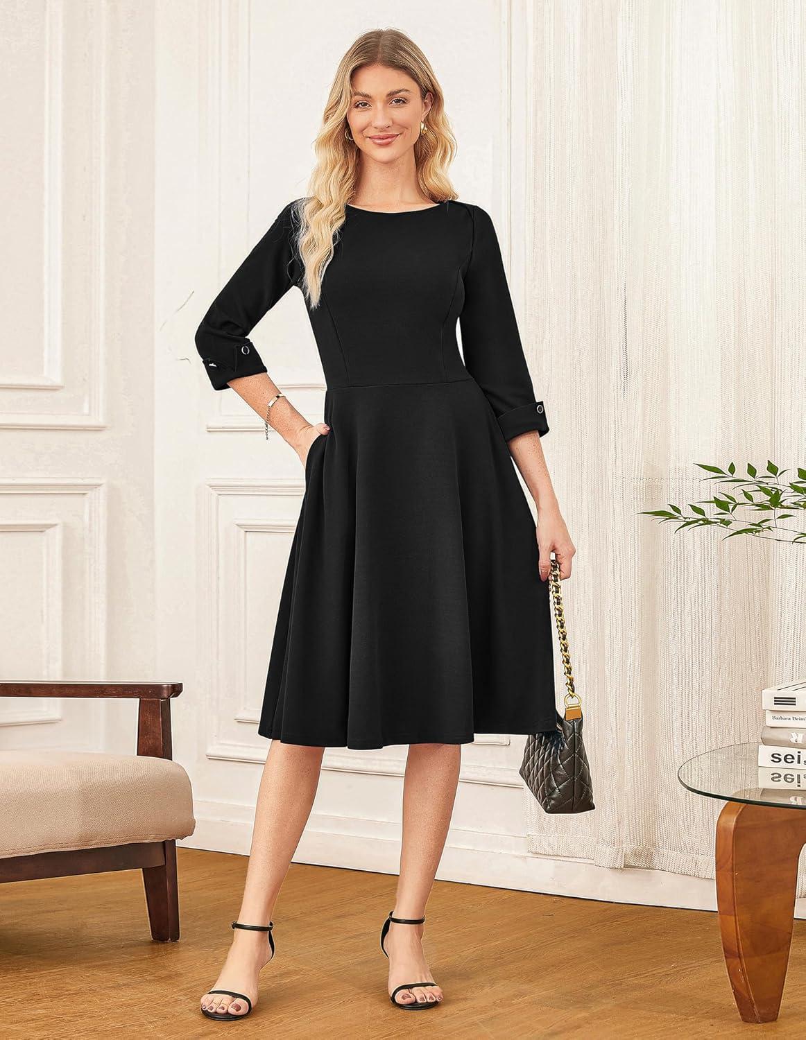 imageGRACE KARIN Work Dresses for Women 2026 34 Sleeve Fit and Flare Business Midi Dress Classy Office Dresses with PocketsBlack