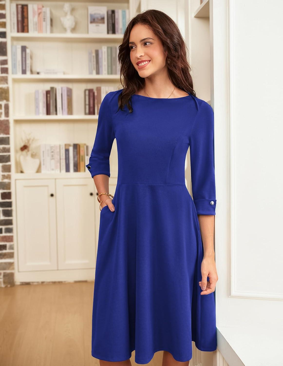 imageGRACE KARIN Work Dresses for Women 2026 34 Sleeve Fit and Flare Business Midi Dress Classy Office Dresses with PocketsRoyal Blue