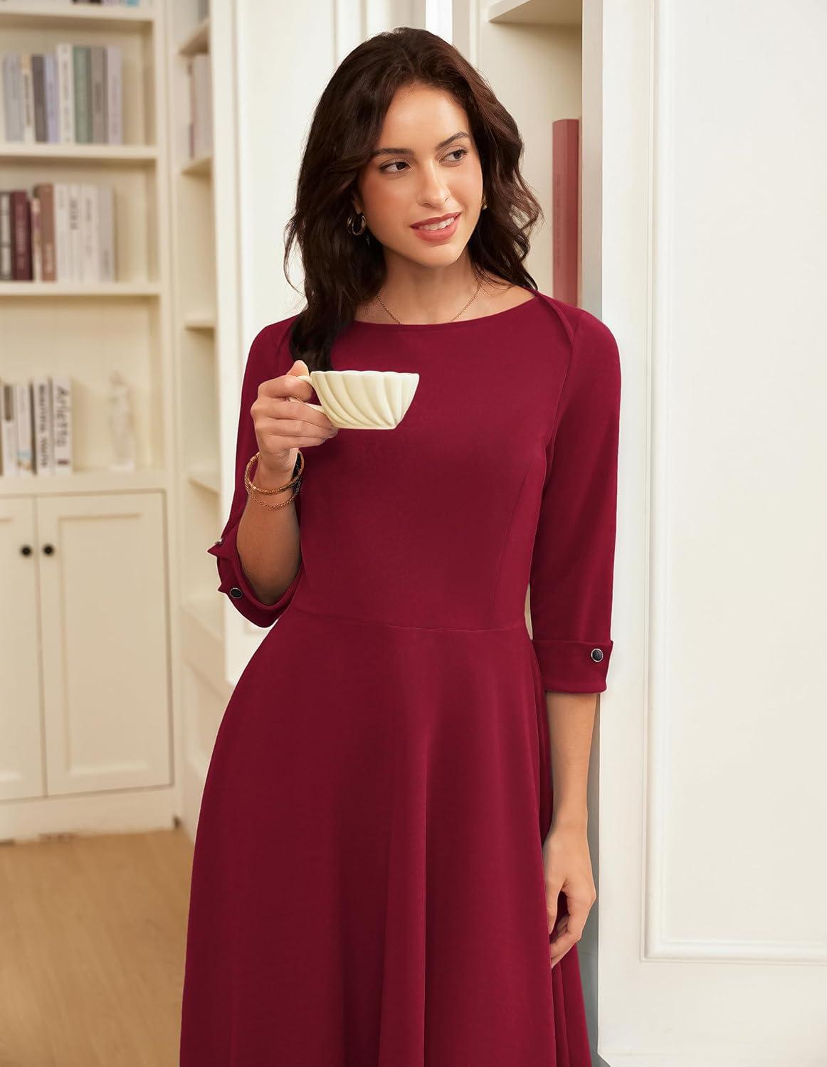 imageGRACE KARIN Work Dresses for Women 2026 34 Sleeve Fit and Flare Business Midi Dress Classy Office Dresses with PocketsWine Red
