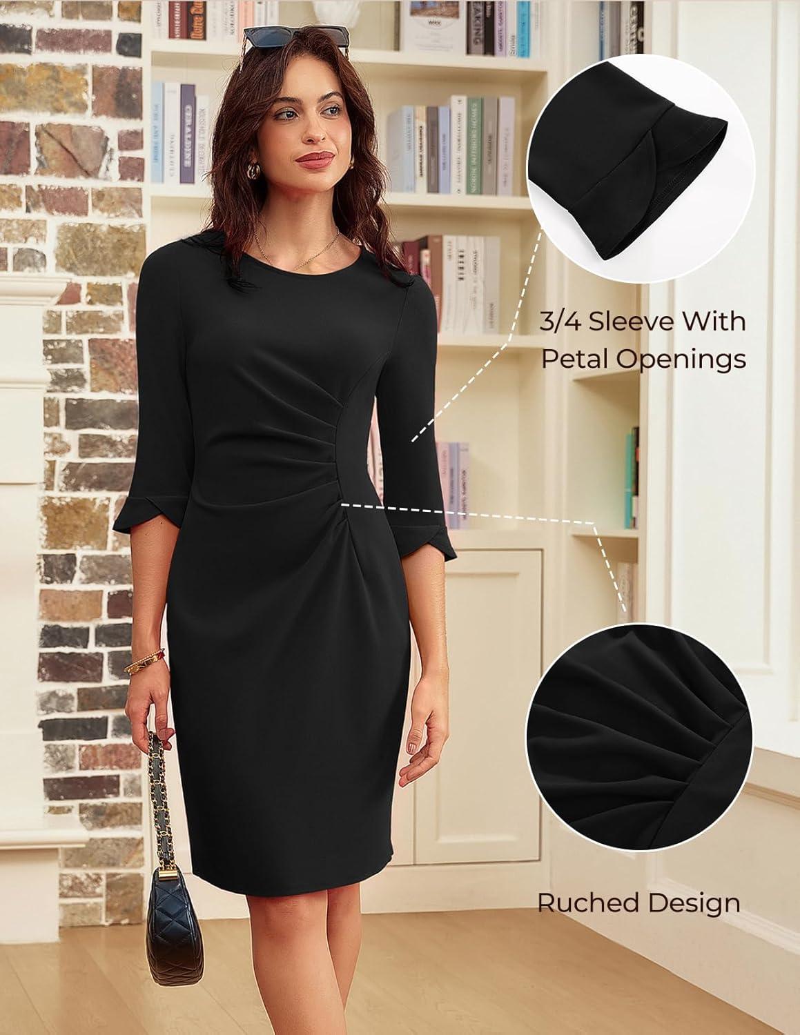 imageGRACE KARIN Work Dresses for Women 2026 34 Sleeve Sheath Business Dress Ruched Bodycon Church Cocktail OutfitsBlack