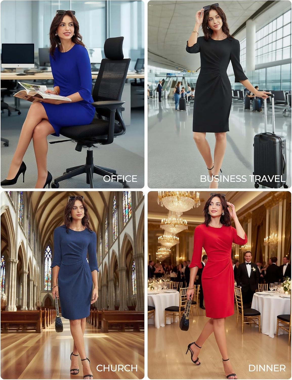 imageGRACE KARIN Work Dresses for Women 2026 34 Sleeve Sheath Business Dress Ruched Bodycon Church Cocktail OutfitsNavy Blue