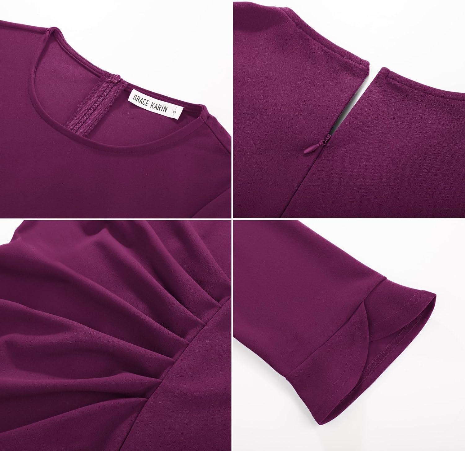 imageGRACE KARIN Work Dresses for Women 2026 34 Sleeve Sheath Business Dress Ruched Bodycon Church Cocktail OutfitsPink Purple