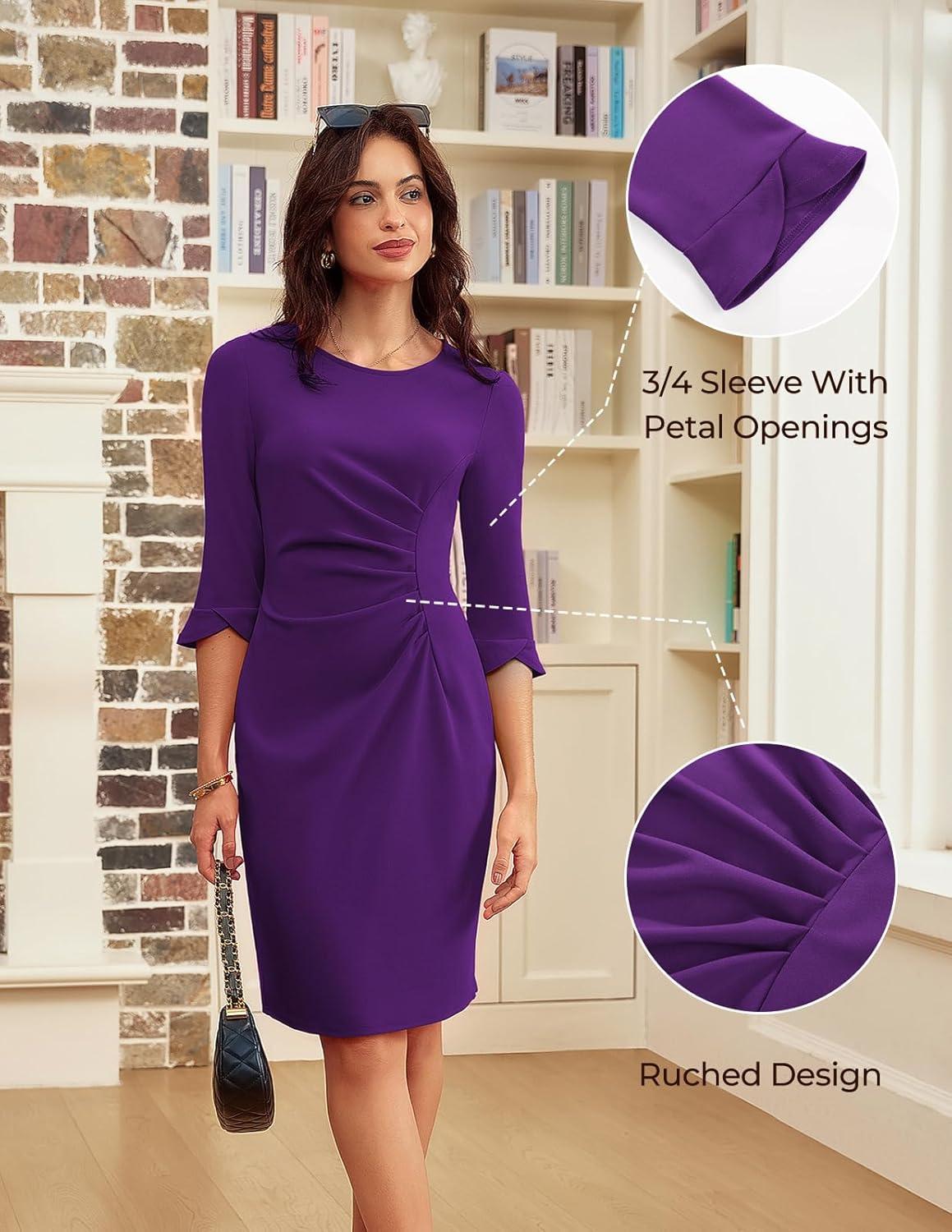 imageGRACE KARIN Work Dresses for Women 2026 34 Sleeve Sheath Business Dress Ruched Bodycon Church Cocktail OutfitsPurple
