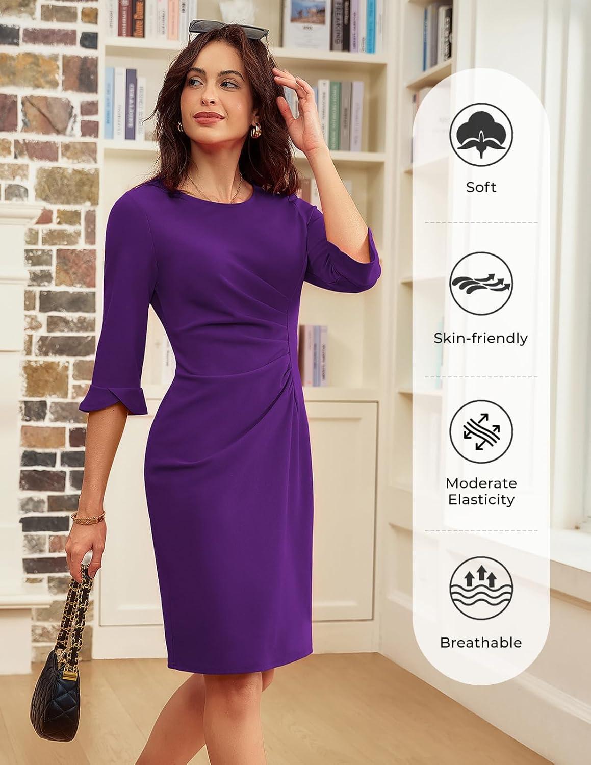 imageGRACE KARIN Work Dresses for Women 2026 34 Sleeve Sheath Business Dress Ruched Bodycon Church Cocktail OutfitsPurple