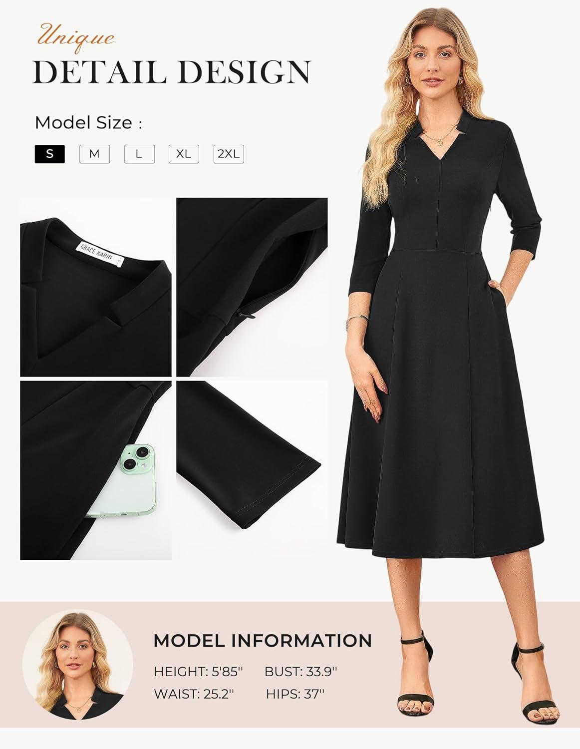 imageGRACE KARIN Work Dresses for Women 2026Midi Business Dress34 Sleeve Classy Fit and Flare Dress with PocketBlack
