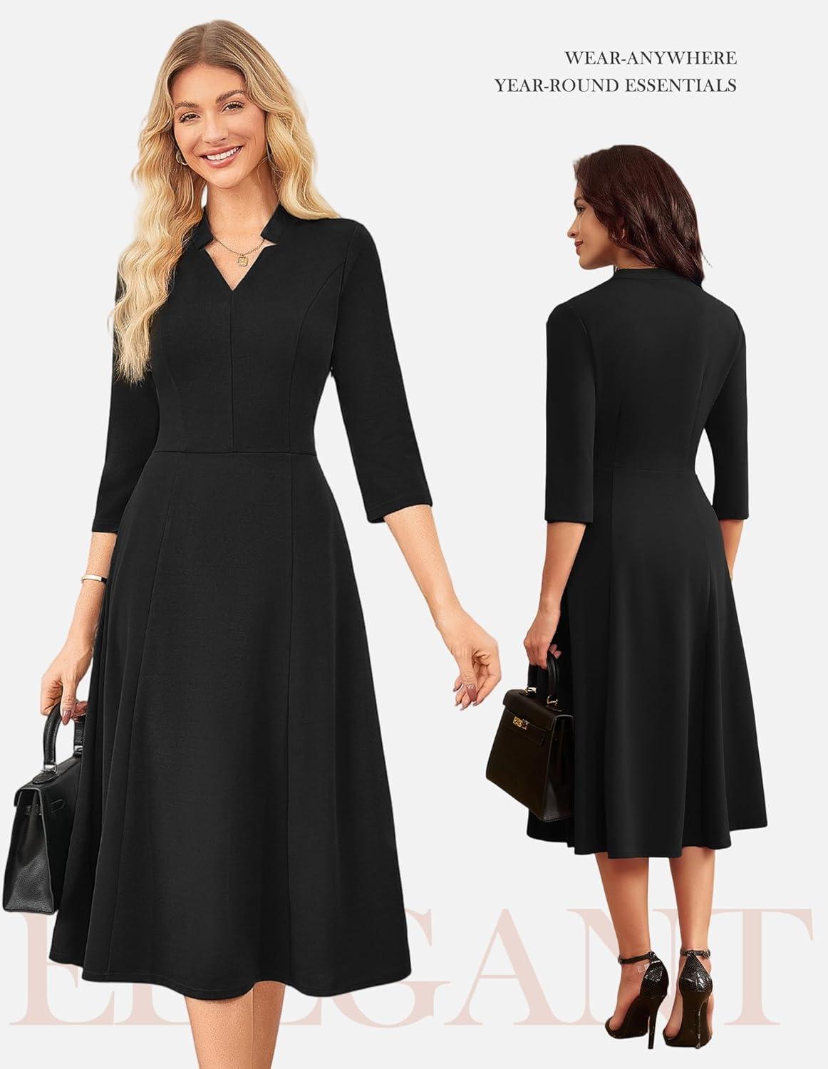imageGRACE KARIN Work Dresses for Women 2026Midi Business Dress34 Sleeve Classy Fit and Flare Dress with PocketBlack