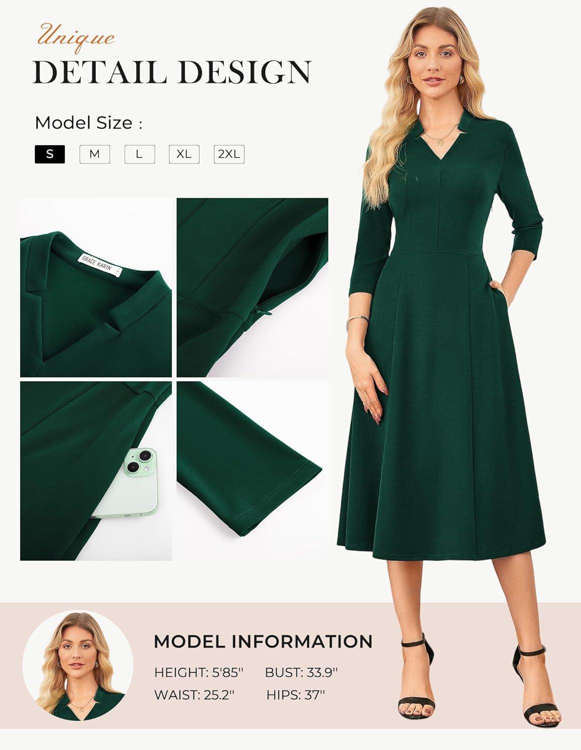 imageGRACE KARIN Work Dresses for Women 2026Midi Business Dress34 Sleeve Classy Fit and Flare Dress with PocketDark Green