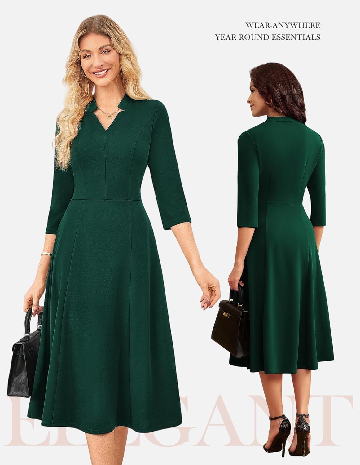 imageGRACE KARIN Work Dresses for Women 2026Midi Business Dress34 Sleeve Classy Fit and Flare Dress with PocketDark Green
