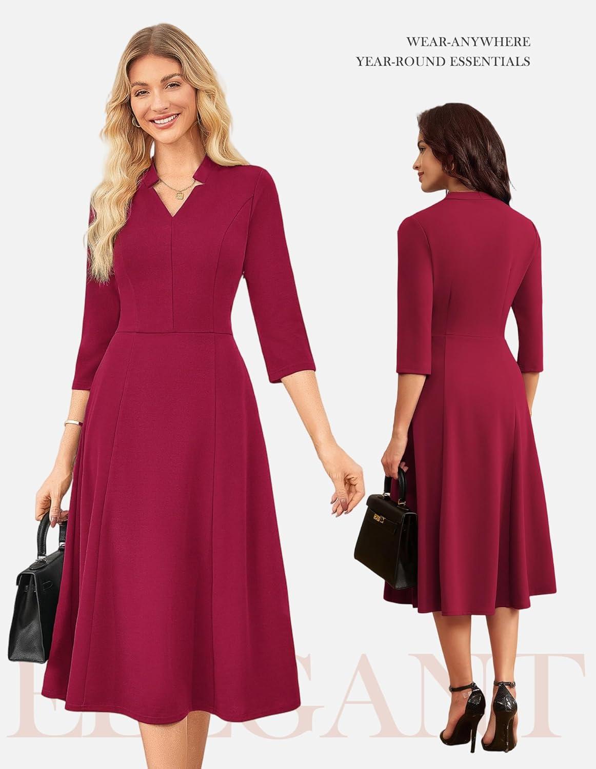 imageGRACE KARIN Work Dresses for Women 2026Midi Business Dress34 Sleeve Classy Fit and Flare Dress with PocketDark Red