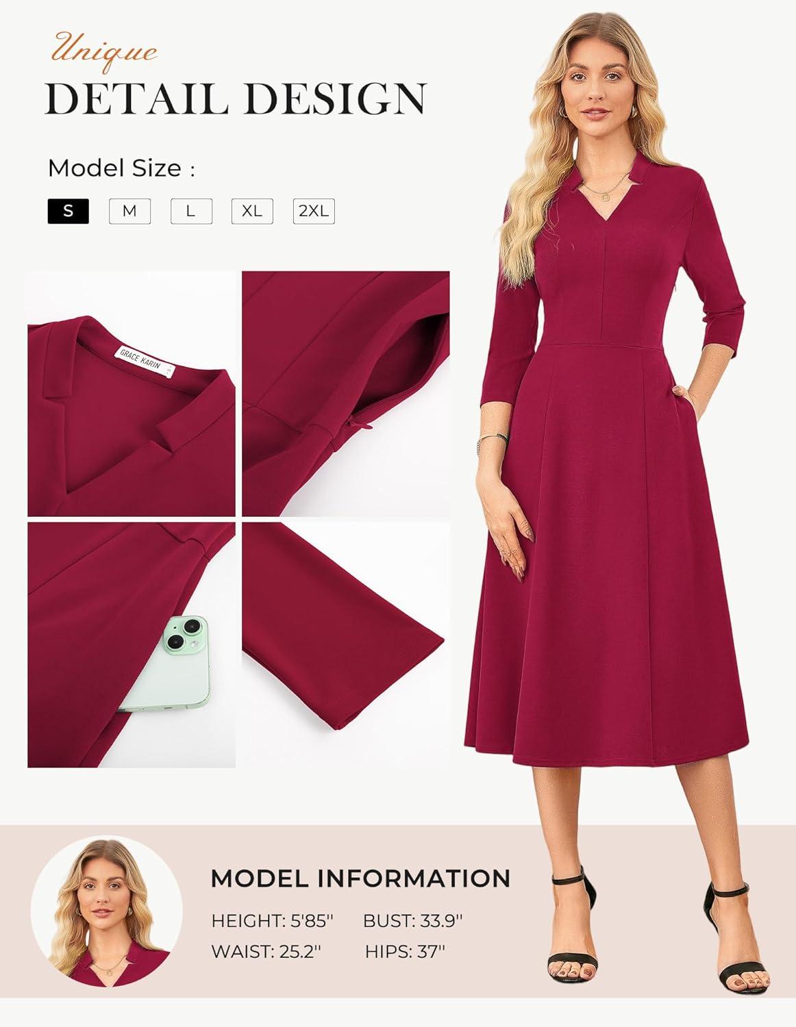 imageGRACE KARIN Work Dresses for Women 2026Midi Business Dress34 Sleeve Classy Fit and Flare Dress with PocketDark Red