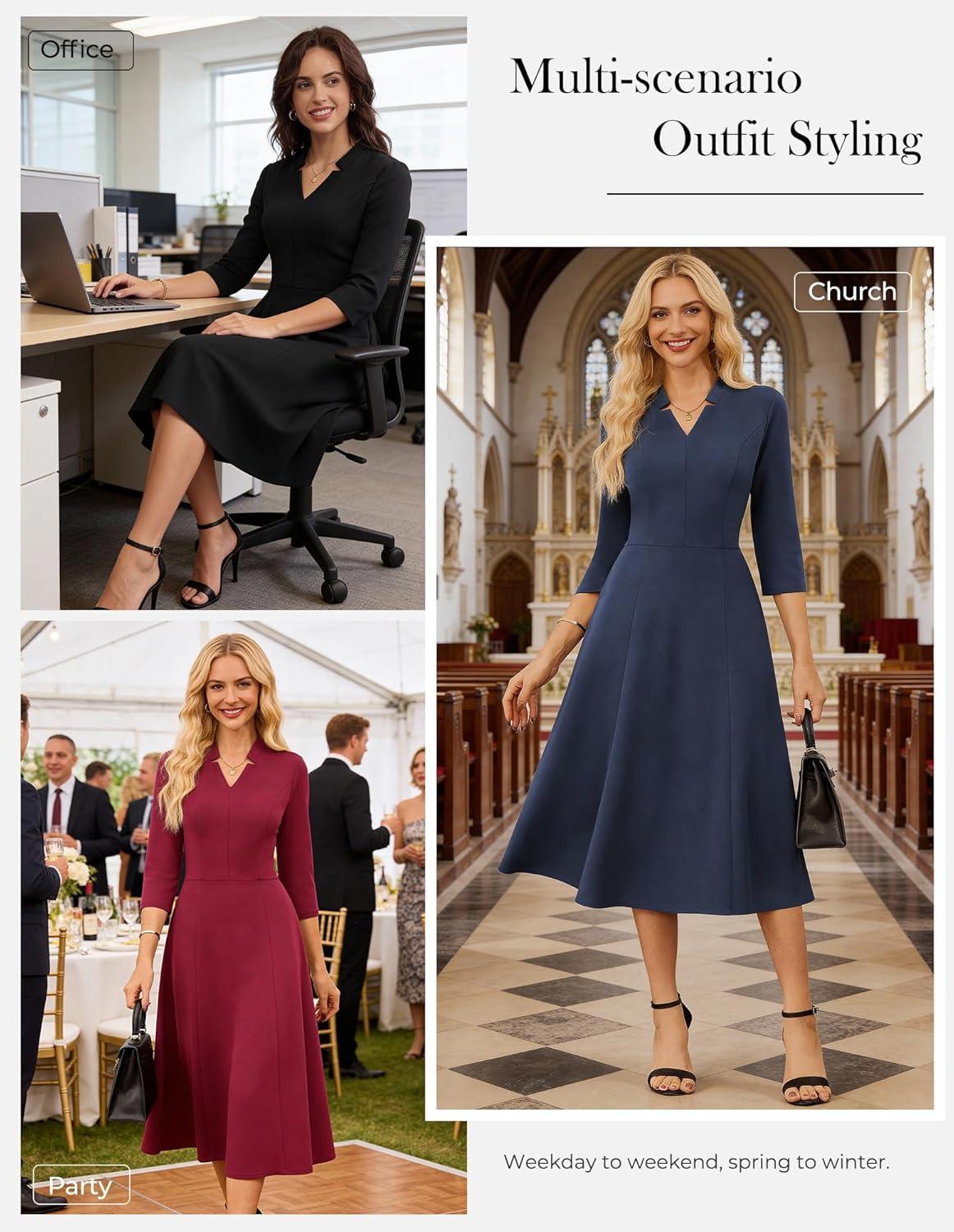 imageGRACE KARIN Work Dresses for Women 2026Midi Business Dress34 Sleeve Classy Fit and Flare Dress with PocketDark Red