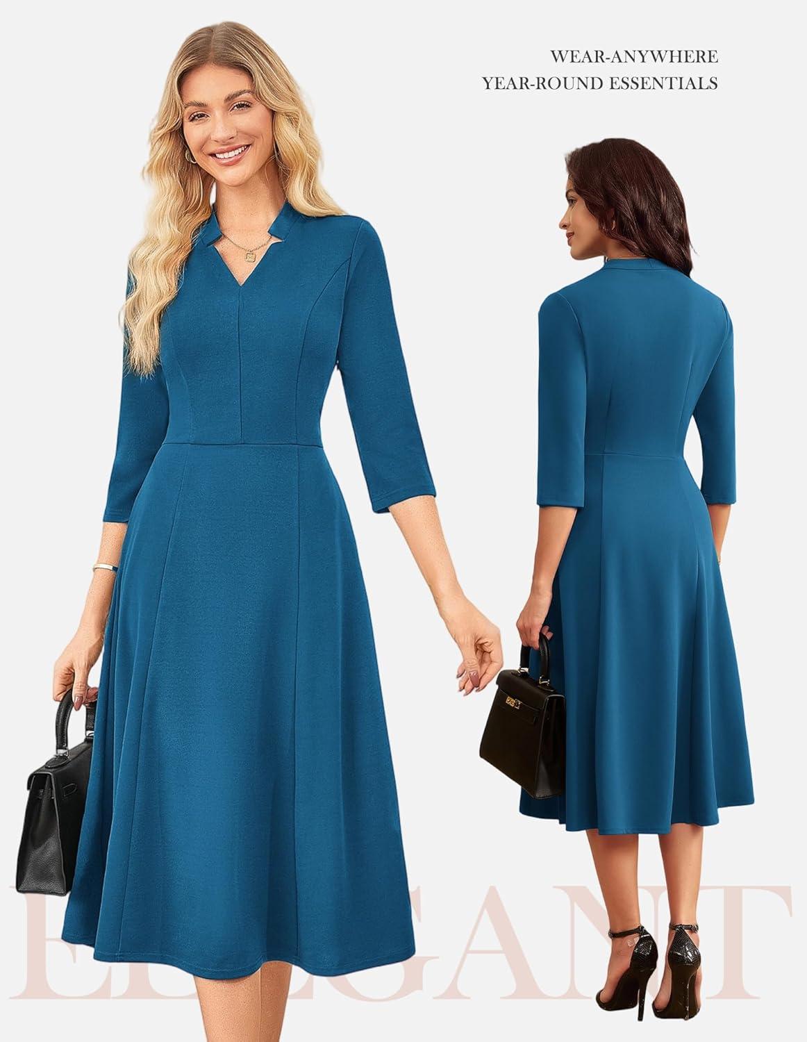 imageGRACE KARIN Work Dresses for Women 2026Midi Business Dress34 Sleeve Classy Fit and Flare Dress with PocketGray Blue