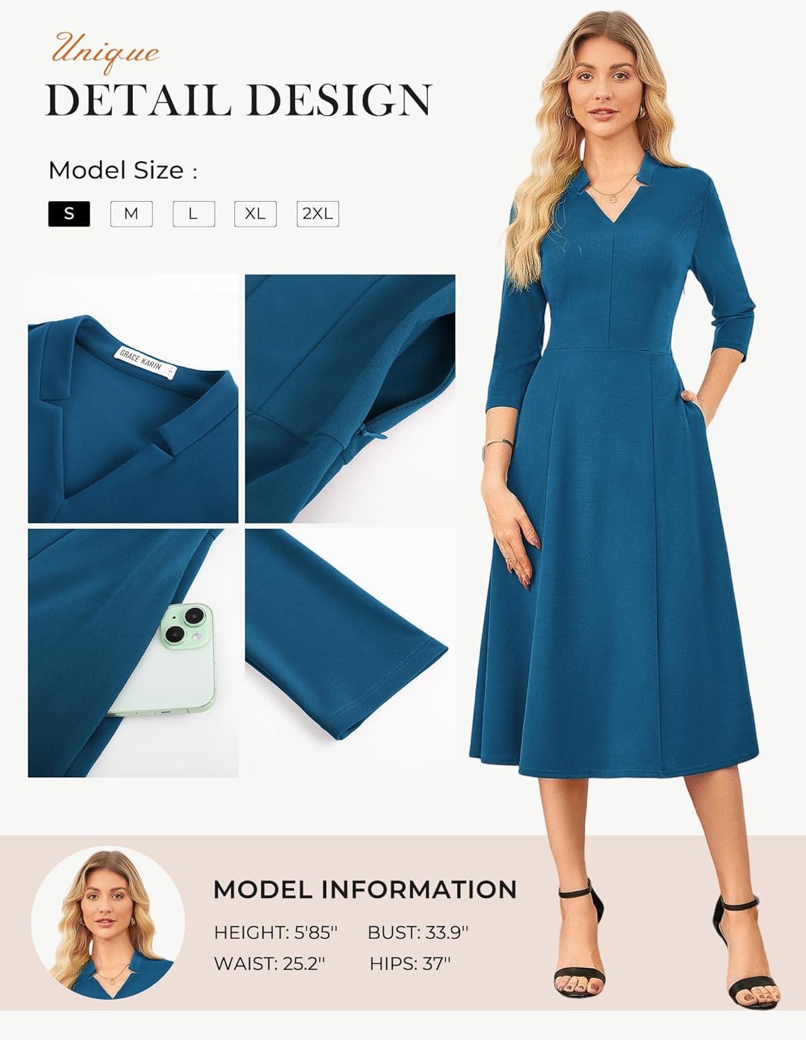 imageGRACE KARIN Work Dresses for Women 2026Midi Business Dress34 Sleeve Classy Fit and Flare Dress with PocketGray Blue