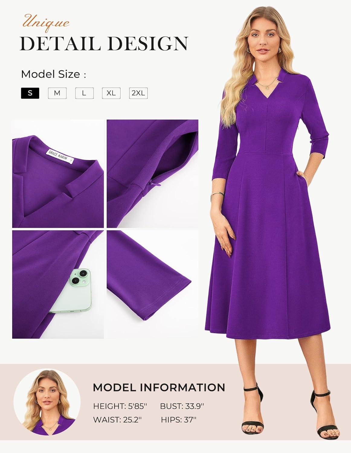 imageGRACE KARIN Work Dresses for Women 2026Midi Business Dress34 Sleeve Classy Fit and Flare Dress with PocketPurple