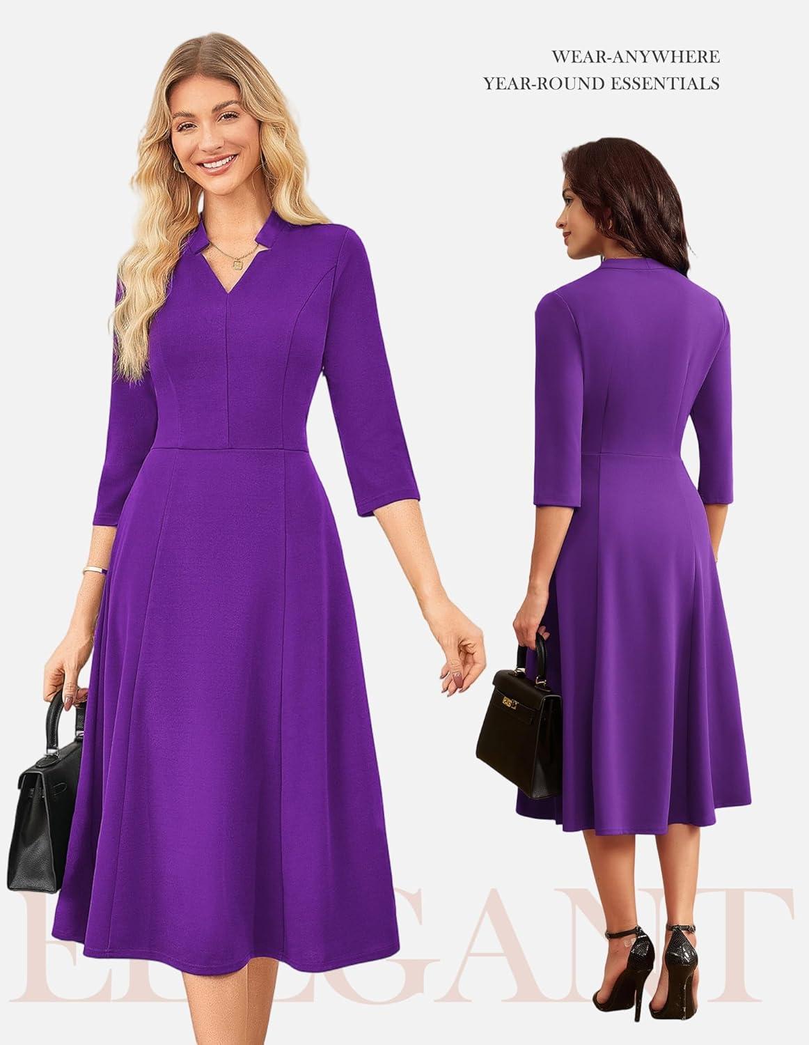 imageGRACE KARIN Work Dresses for Women 2026Midi Business Dress34 Sleeve Classy Fit and Flare Dress with PocketPurple