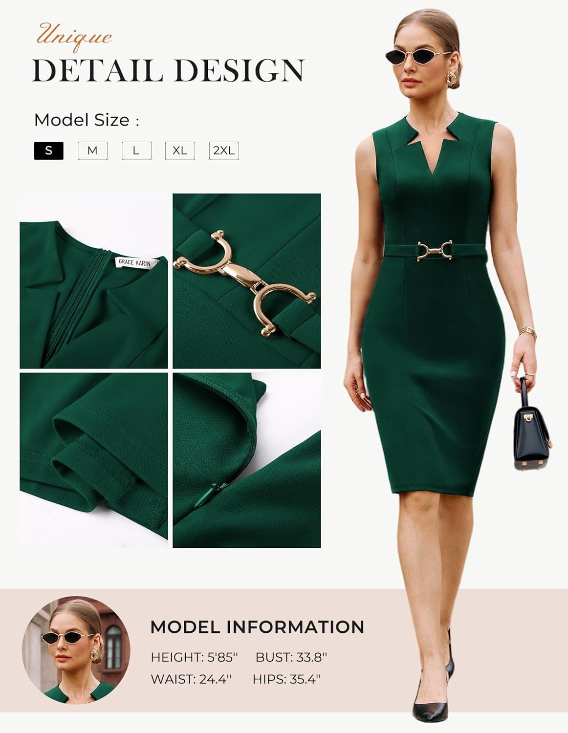 imageGRACE KARIN Work Dresses for Women 2026V Neck Business Office Bodyon DressSleeveless Pencil Semi Formal Midi DressDark Green