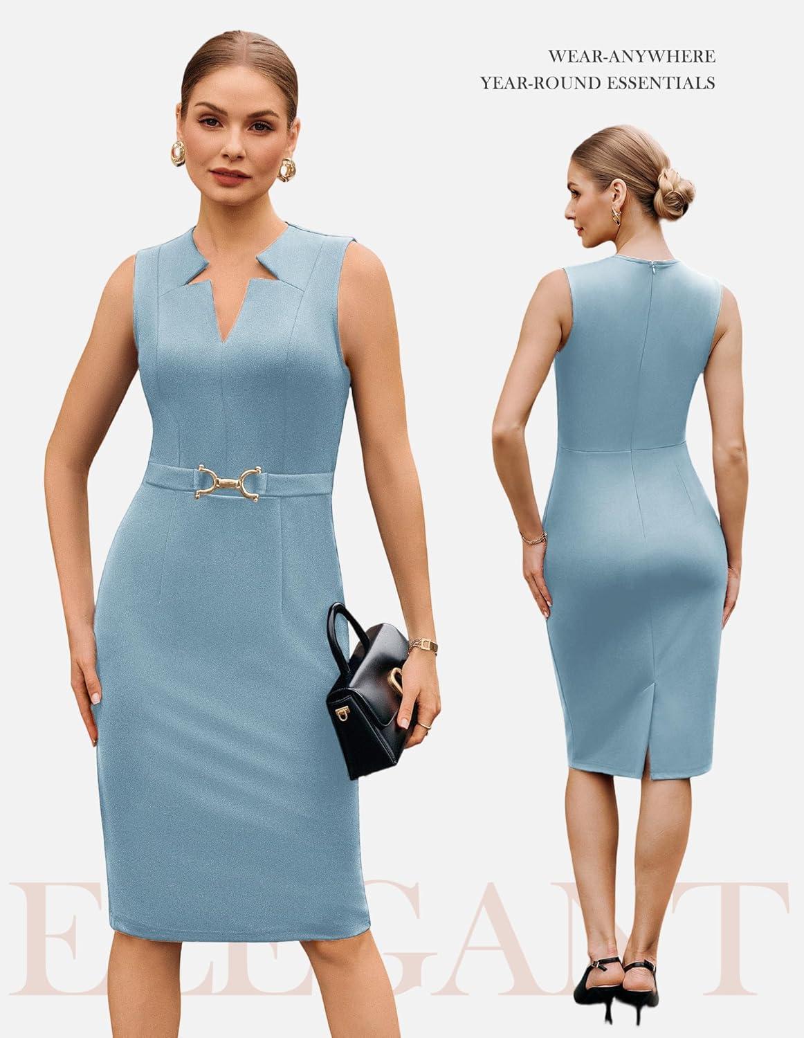 imageGRACE KARIN Work Dresses for Women 2026V Neck Business Office Bodyon DressSleeveless Pencil Semi Formal Midi DressGray Blue