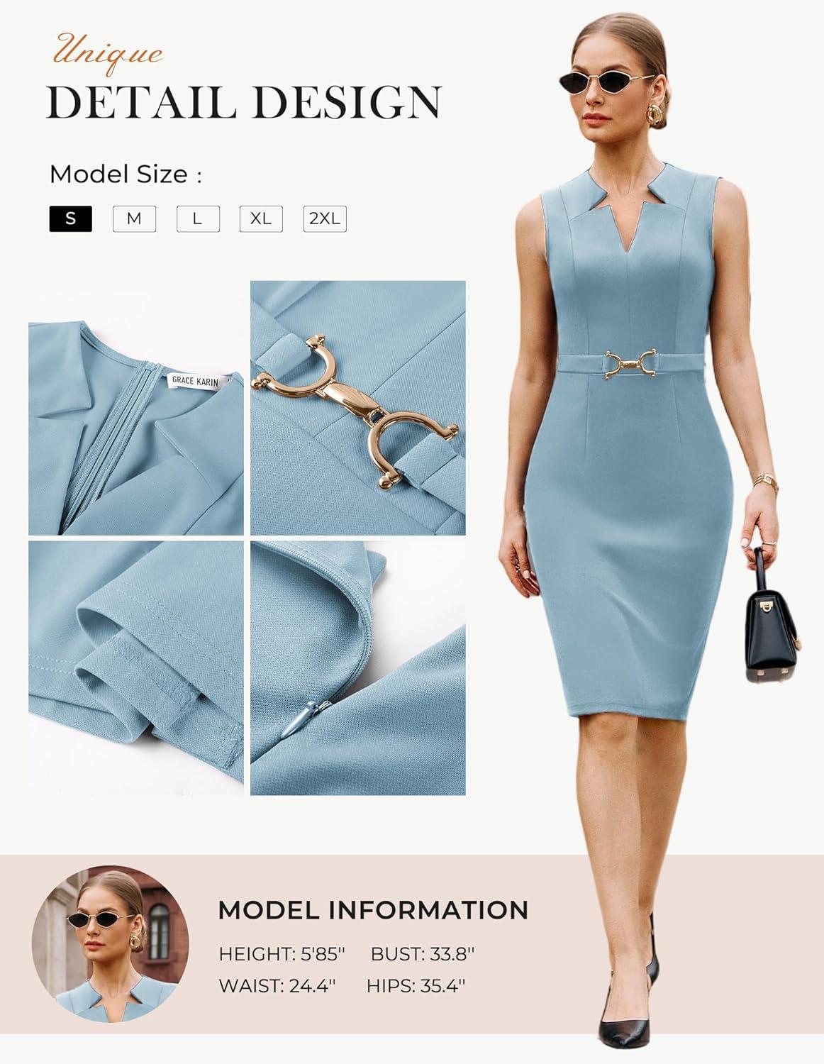 imageGRACE KARIN Work Dresses for Women 2026V Neck Business Office Bodyon DressSleeveless Pencil Semi Formal Midi DressGray Blue