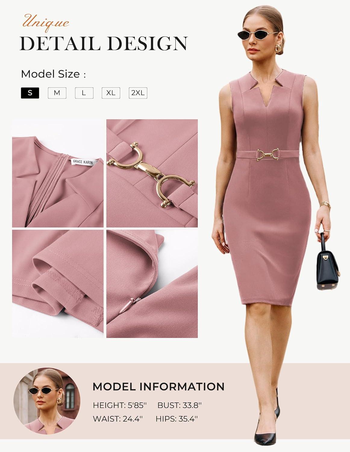 imageGRACE KARIN Work Dresses for Women 2026V Neck Business Office Bodyon DressSleeveless Pencil Semi Formal Midi DressPink