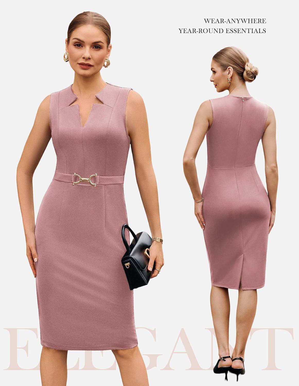 imageGRACE KARIN Work Dresses for Women 2026V Neck Business Office Bodyon DressSleeveless Pencil Semi Formal Midi DressPink