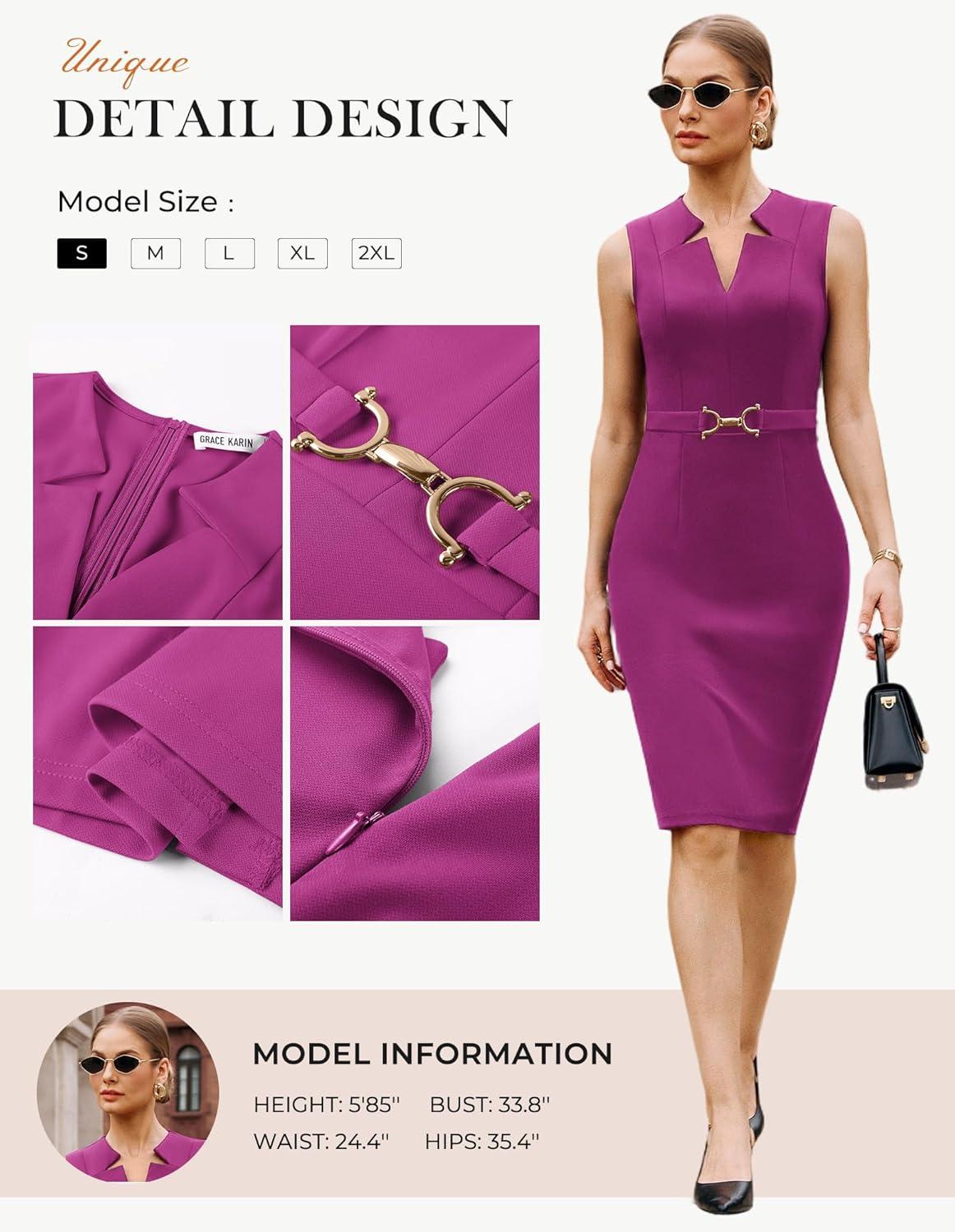 imageGRACE KARIN Work Dresses for Women 2026V Neck Business Office Bodyon DressSleeveless Pencil Semi Formal Midi DressRose Purple