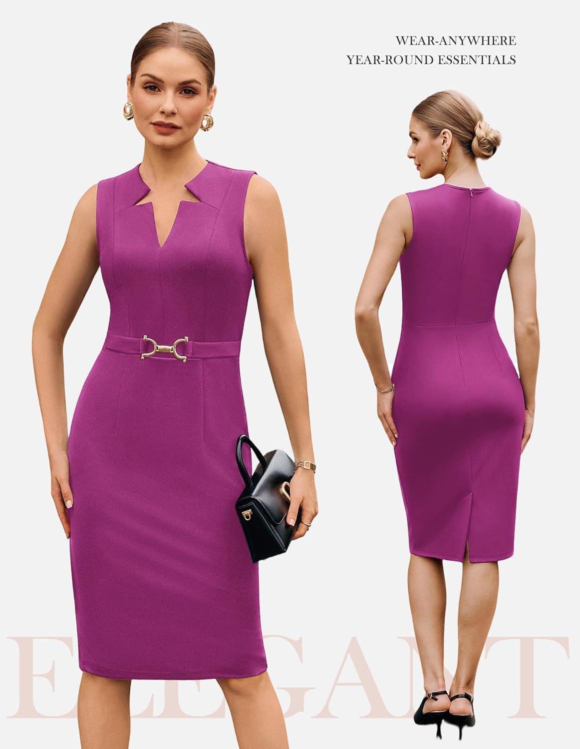 imageGRACE KARIN Work Dresses for Women 2026V Neck Business Office Bodyon DressSleeveless Pencil Semi Formal Midi DressRose Purple