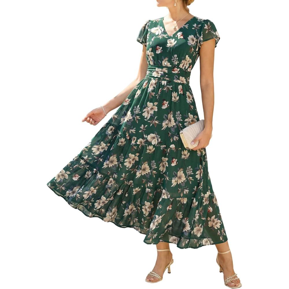 imageGRACE KARIN 2026 Women Summer DressMaxi Short Sleeve Floral DressesSemi Formal Flowy Wedding Guest Dress with PocketDark Green With White Flowers