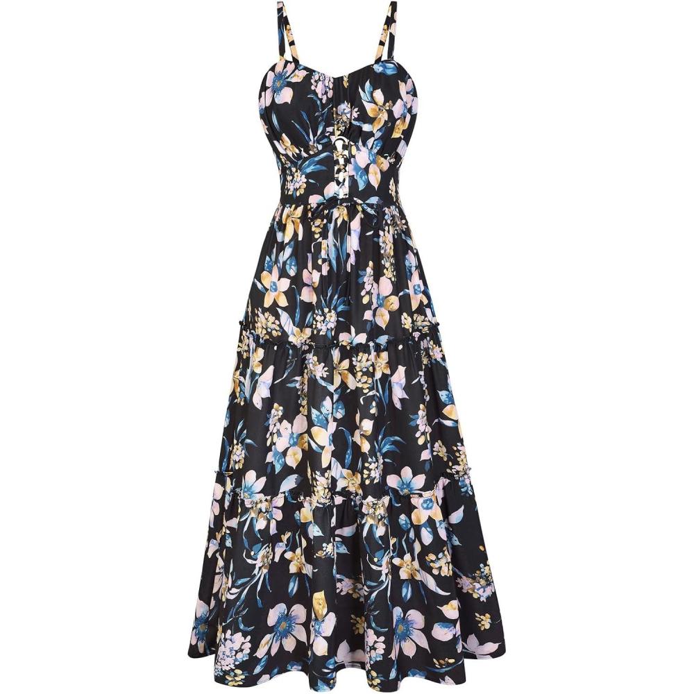 imageGRACE KARIN 2026 Womens Spaghetti Vacation Sundress Summer Beach Flowy Boho Floral Maxi Dresses with PocketsBlack Yellow Floral