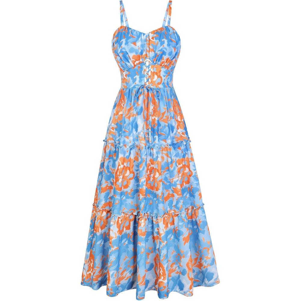 imageGRACE KARIN 2026 Womens Spaghetti Vacation Sundress Summer Beach Flowy Boho Floral Maxi Dresses with PocketsBlue Orange Floral