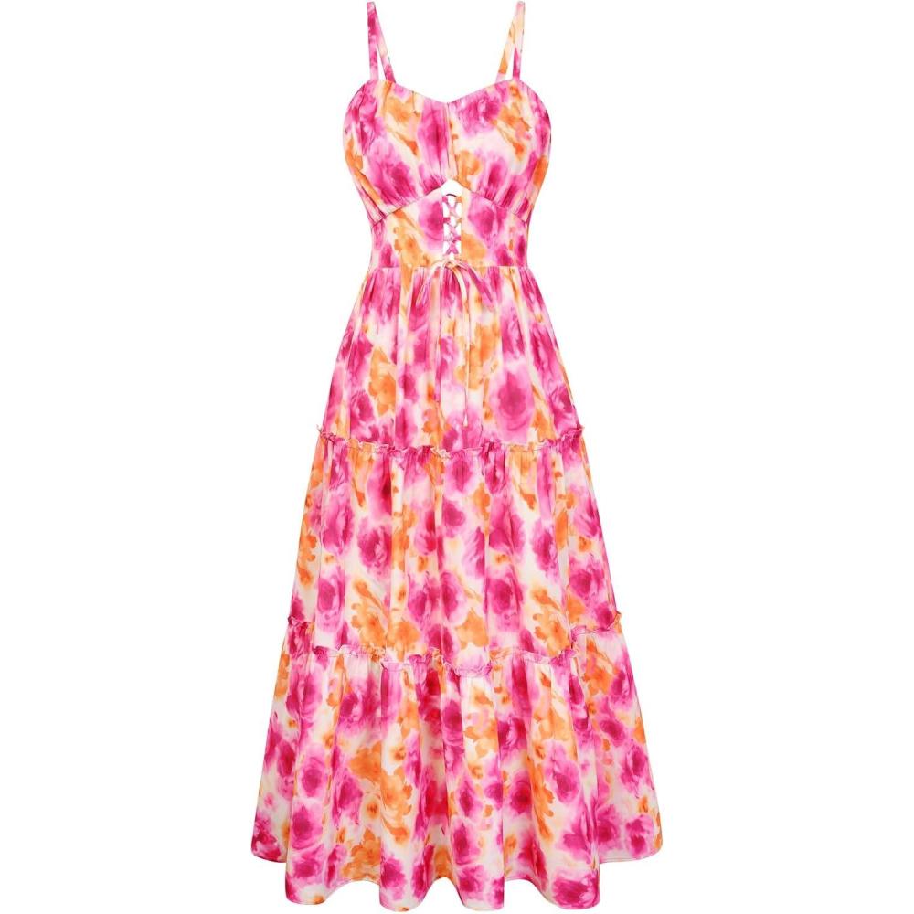 imageGRACE KARIN 2026 Womens Spaghetti Vacation Sundress Summer Beach Flowy Boho Floral Maxi Dresses with PocketsRose Orange Floral